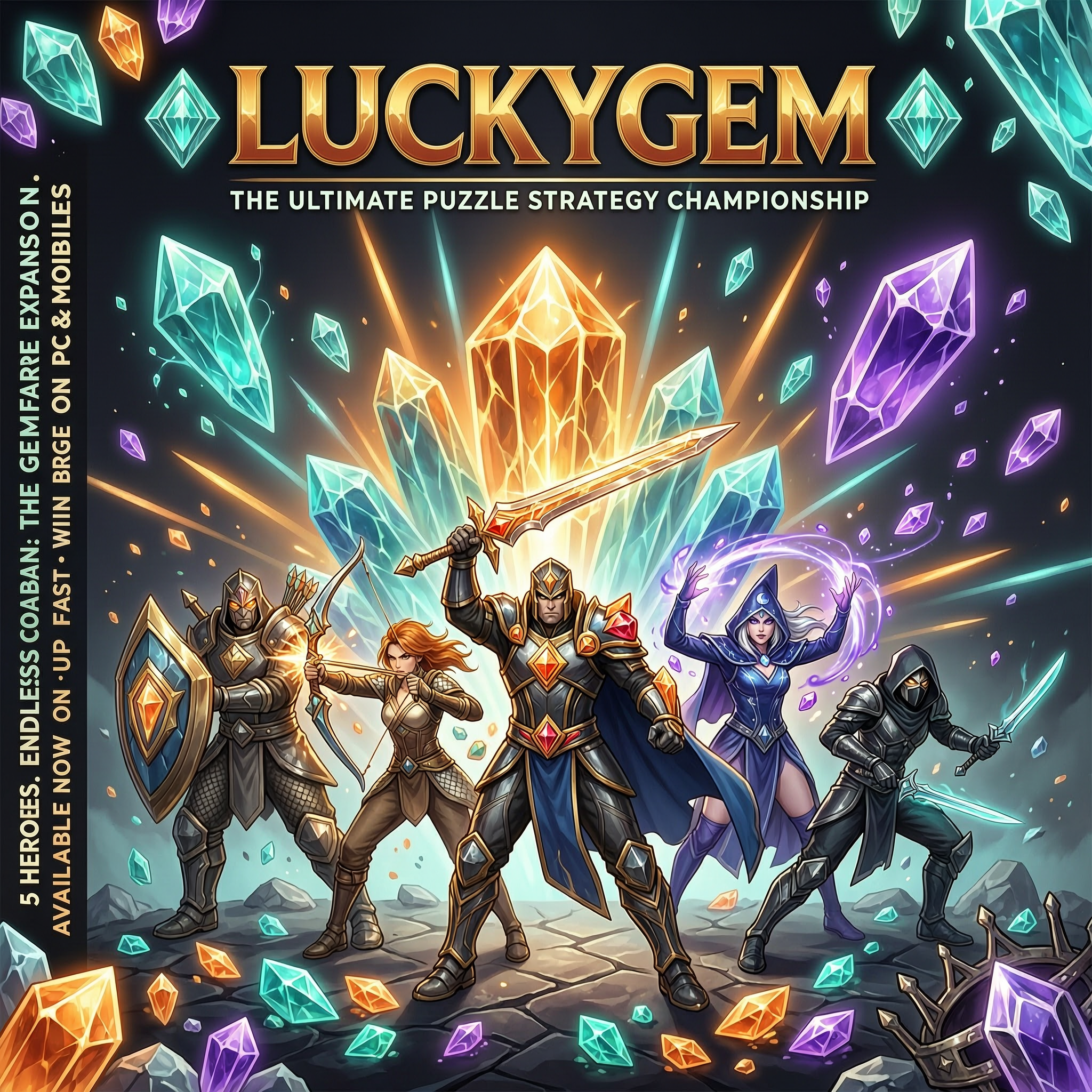 Luckygem key art – magazine cover style hero banner featuring the game's legendary champions
